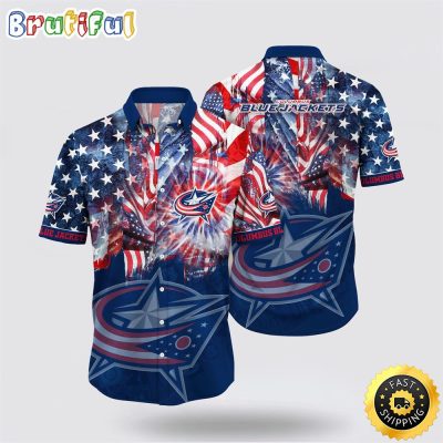 NHL Columbus Blue Jackets Hawaiian Shirt With American Independence Day Pattern Summer Hawaiian Shirt