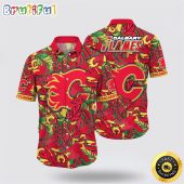 NHL Calgary Flames Hawaiian Shirt Tropical Leaf Pattern Summer Hawaiian Shirt