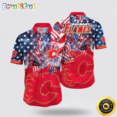 NHL Calgary Flames Hawaiian Shirt With American Independence Day Pattern Summer Hawaiian Shirt