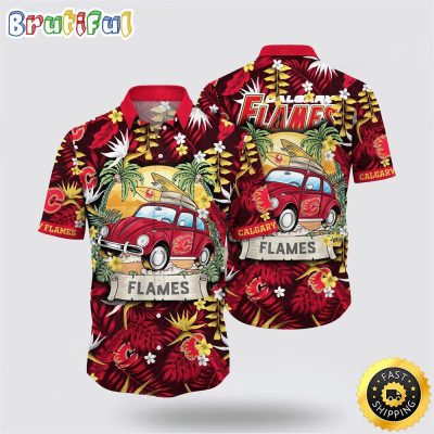 NHL Calgary Flames Hawaiian Shirt Tropical Forest Motif Car Traveling Summer Hawaiian Shirt