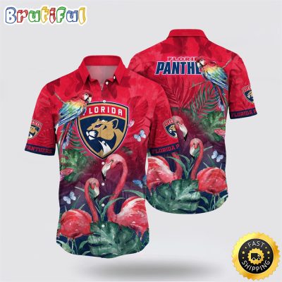 NHL Florida Panthers Hawaiian Shirt Tropical Parrot And Flamingo Motifs Summer Hawaiian Shirt
