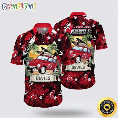 NHL New Jersey Devils Hawaiian Shirt Tropical Forest Motif Car Traveling Summer Hawaiian Shirt