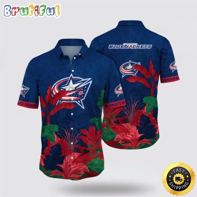 NHL Columbus Blue Jackets Hawaiian Shirt Tropical Forest Motifs Summer Hawaiian Shirt