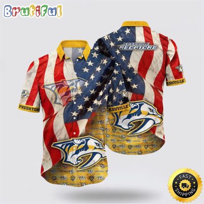 NHL Nashville Predators Hawaiian Shirt With American Flag Pattern Summer Hawaiian Shirt