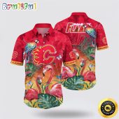 NHL Calgary Flames Hawaiian Shirt Tropical Parrot And Flamingo Motifs Summer Hawaiian Shirt