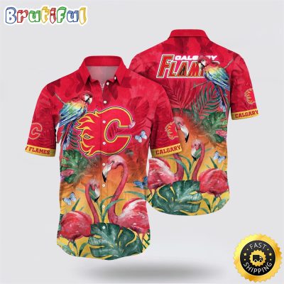 NHL Calgary Flames Hawaiian Shirt Tropical Parrot And Flamingo Motifs Summer Hawaiian Shirt