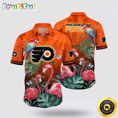 NHL Philadelphia Flyers Hawaiian Shirt Tropical Parrot And Flamingo Motifs Summer Hawaiian Shirt