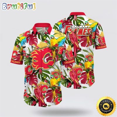NHL Calgary Flames Hawaiian Shirt Tropical Parrot Pattern Summer Hawaiian Shirt