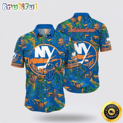 NHL New York Islanders Hawaiian Shirt Tropical Leaf Pattern Summer Hawaiian Shirt