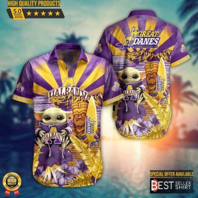 Albany Great Danes NCAA Baby Yoda Hawaiian Shirt Outfit Men Youth Gifts For Dad - Best Seller Shirts Design In Usa
