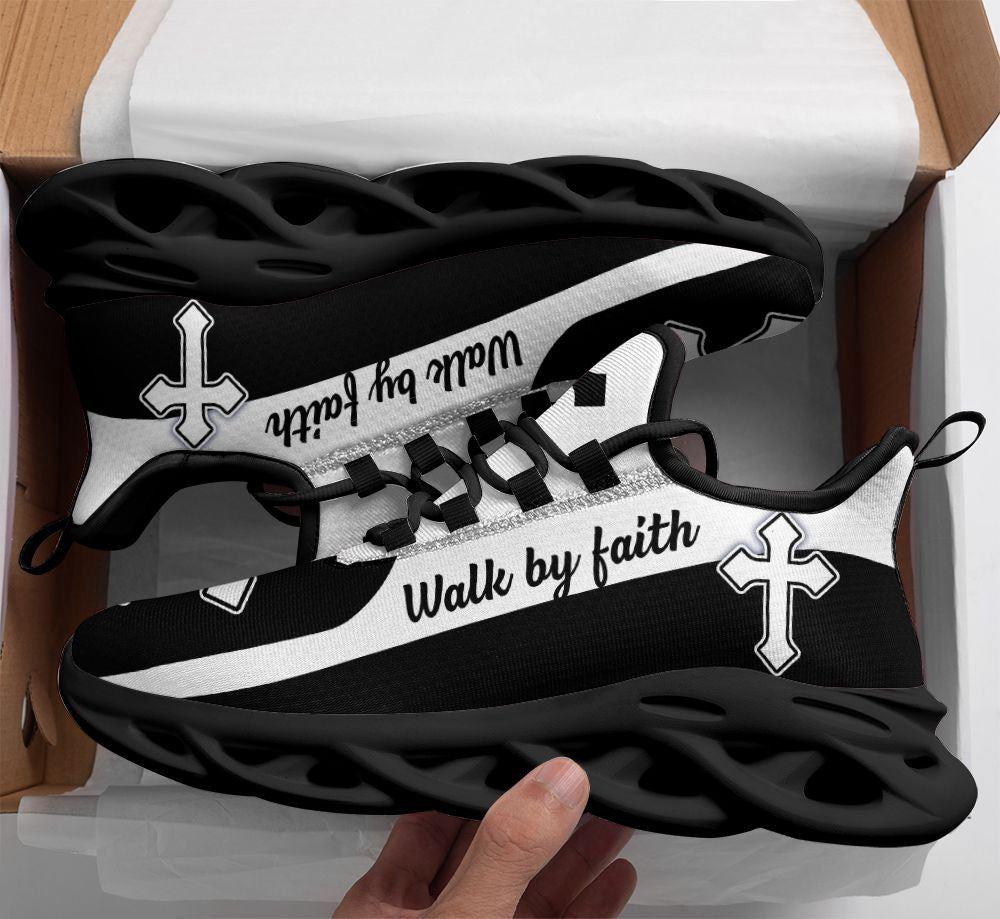Christian Soul Shoes, Max Soul Shoes, Jesus Walk By Faith Running Sneakers Black White Art Max Soul Shoes, Jesus Shoes, Jesus Christ Shoes