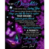 Daughter Explore Your Dreams Listen Heart Make Happiness I Love You Butterfly Mandala Gift From Dad Fleece Blanket, Blankets For Mothers Day