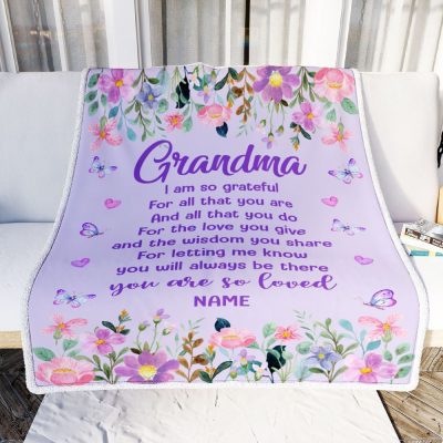 Grandma Blanket From Granddaughter Grandson Floral Butterfly Love You Give, Personalized Blanket For Mom, Mother's Day Gifts Blanket