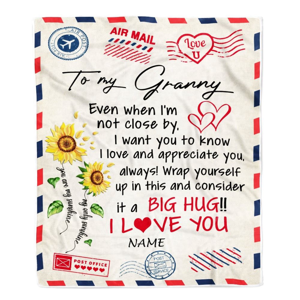Granny Blanket From Grandkids Love Big Hug Air Mail Letter Sunflower, Personalized Blanket For Mom, Mother's Day Gifts Blanket