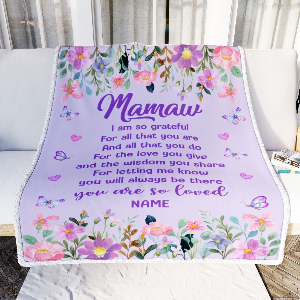 Mamaw Blanket From Granddaughter Grandson Floral Butterfly Love You Give, Personalized Blanket For Mom, Mother's Day Gifts Blanket
