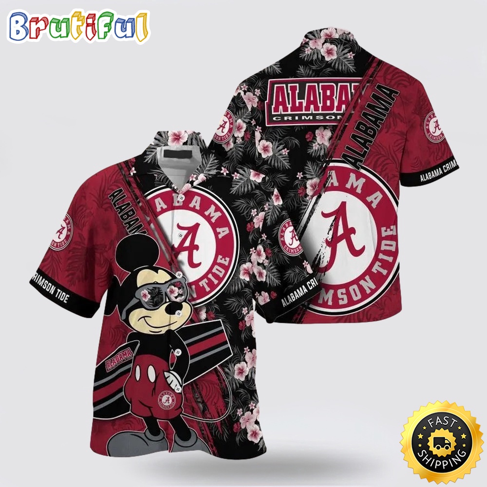 NCAA Alabama Crimson Tide Hawaiian Shirt Mickey And Floral Pattern NCAA Alabama Crimson Tide Hawaiian Shirt Mickey And Floral Pattern