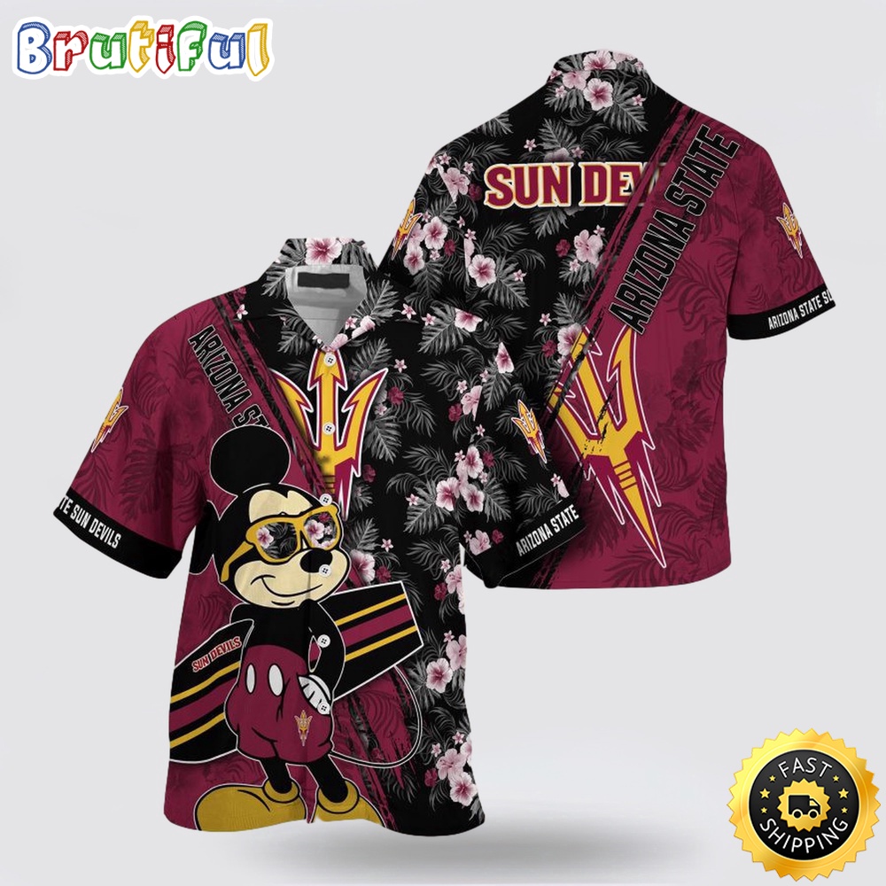 NCAA Arizona State Sun Devils Hawaiian Shirt Mickey And Floral Pattern NCAA Arizona State Sun Devils Hawaiian Shirt Mickey And Floral Pattern