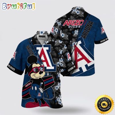NCAA Arizona Wildcats Hawaiian Shirt Mickey And Floral Pattern