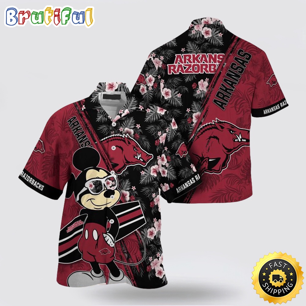 NCAA Arkansas Razorbacks Hawaiian Shirt Mickey And Floral Pattern NCAA Arkansas Razorbacks Hawaiian Shirt Mickey And Floral Pattern