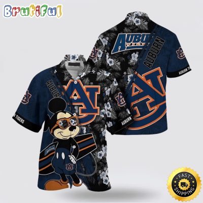 NCAA Auburn Tigers Hawaiian Shirt Mickey And Floral Pattern