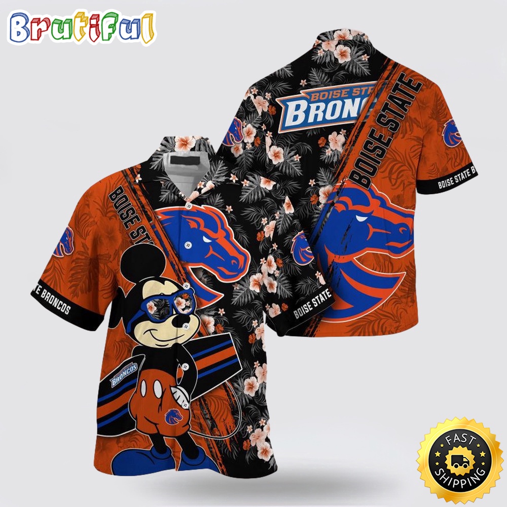 NCAA Boise State Broncos Hawaiian Shirt Mickey And Floral Pattern