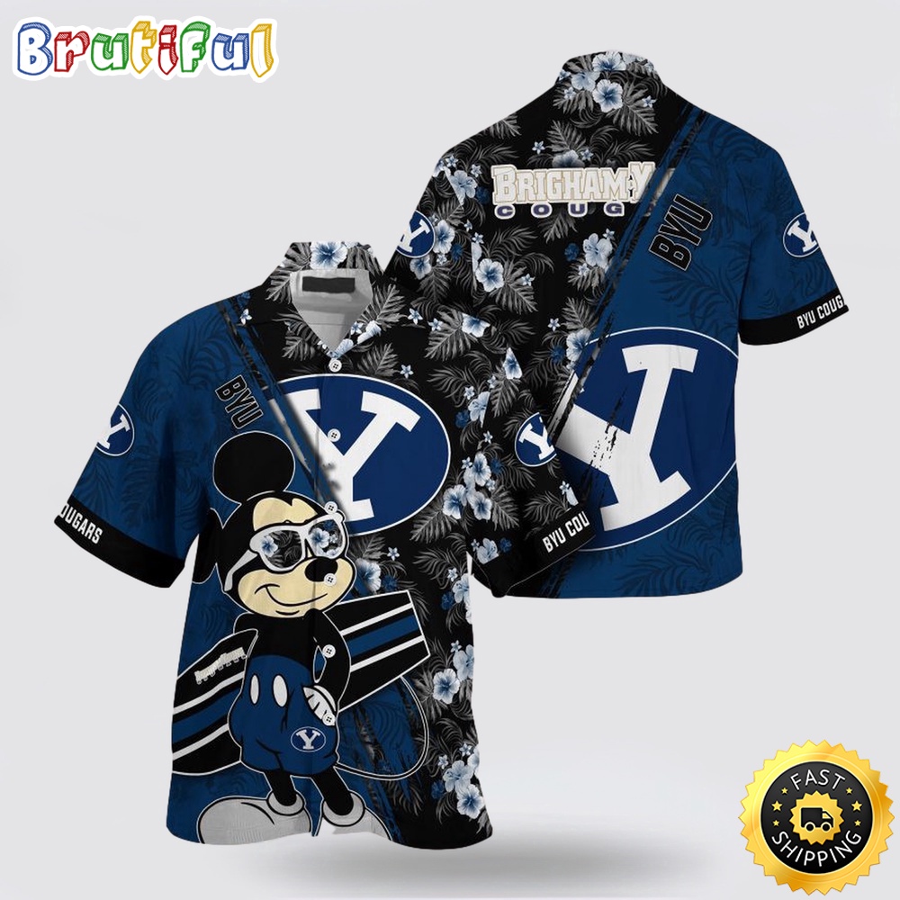 NCAA Byu Cougars Hawaiian Shirt Mickey And Floral Pattern NCAA Byu Cougars Hawaiian Shirt Mickey And Floral Pattern