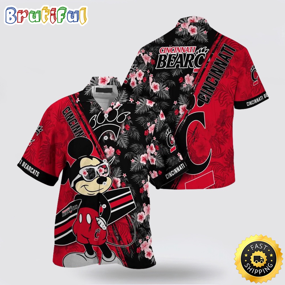 NCAA Cincinnati Bearcats Hawaiian Shirt Mickey And Floral Pattern NCAA Cincinnati Bearcats Hawaiian Shirt Mickey And Floral Pattern