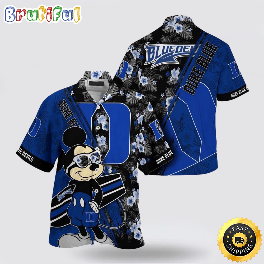 NCAA Duke Blue Devils Hawaiian Shirt Mickey And Floral Pattern NCAA Duke Blue Devils Hawaiian Shirt Mickey And Floral Pattern
