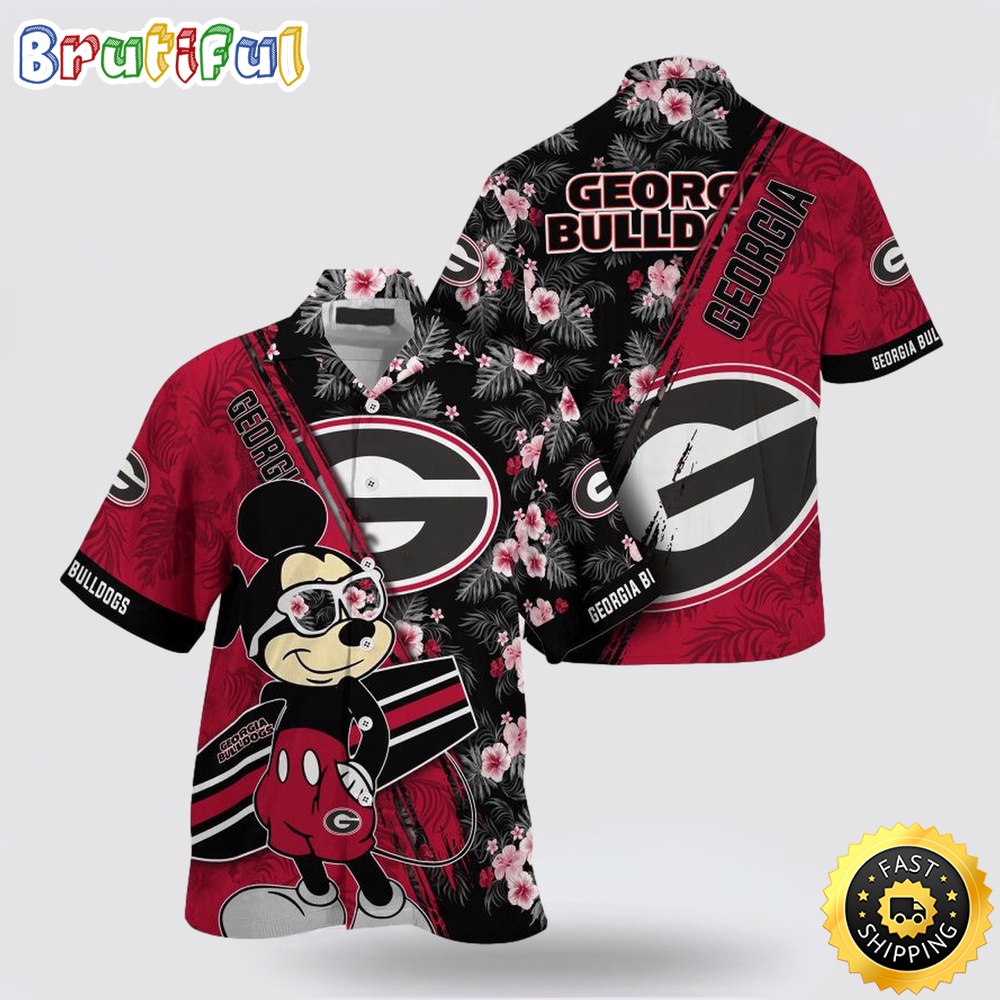 NCAA Georgia Bulldogs Hawaiian Shirt Mickey And Floral Pattern NCAA Georgia Bulldogs Hawaiian Shirt Mickey And Floral Pattern
