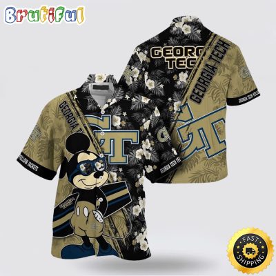 NCAA Georgia Tech Yellow Jackets Hawaiian Shirt Mickey And Floral Pattern