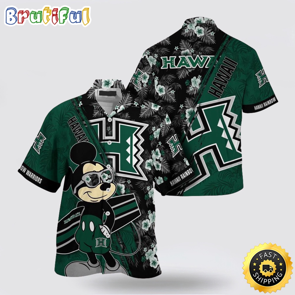 NCAA Hawaii Rainbow Warriors Hawaiian Shirt Mickey And Floral Pattern NCAA Hawaii Rainbow Warriors Hawaiian Shirt Mickey And Floral Pattern