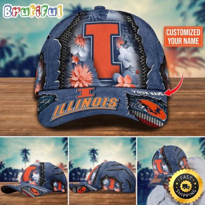 NCAA Illinois Fighting Illini Baseball Cap Flag Flower Custom Name Cap
