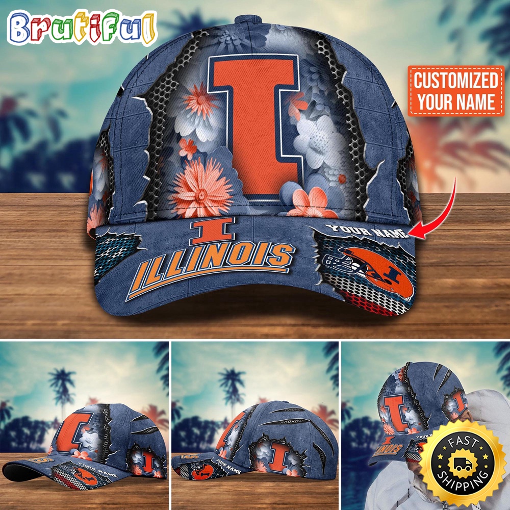 NCAA Illinois Fighting Illini Baseball Cap Flag Flower Custom Name Cap NCAA Illinois Fighting Illini Baseball Cap Flag Flower Custom Name Cap
