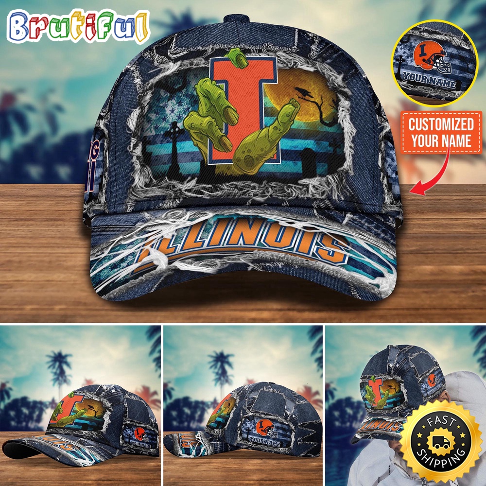 NCAA Illinois Fighting Illini Baseball Cap Halloween Custom Name Cap NCAA Illinois Fighting Illini Baseball Cap Halloween Custom Name Cap