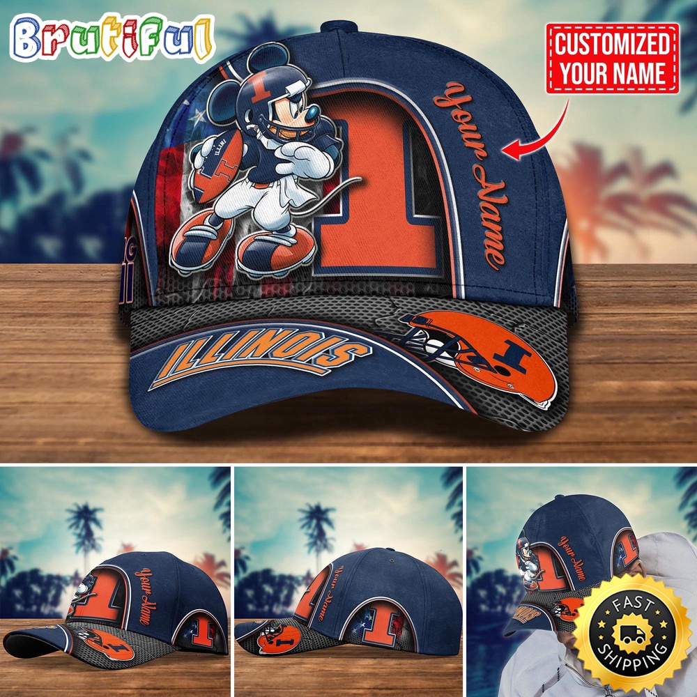 NCAA Illinois Fighting Illini Baseball Cap Mickey Mouse Custom Cap For Fans NCAA Illinois Fighting Illini Baseball Cap Mickey Mouse Custom Cap For Fans