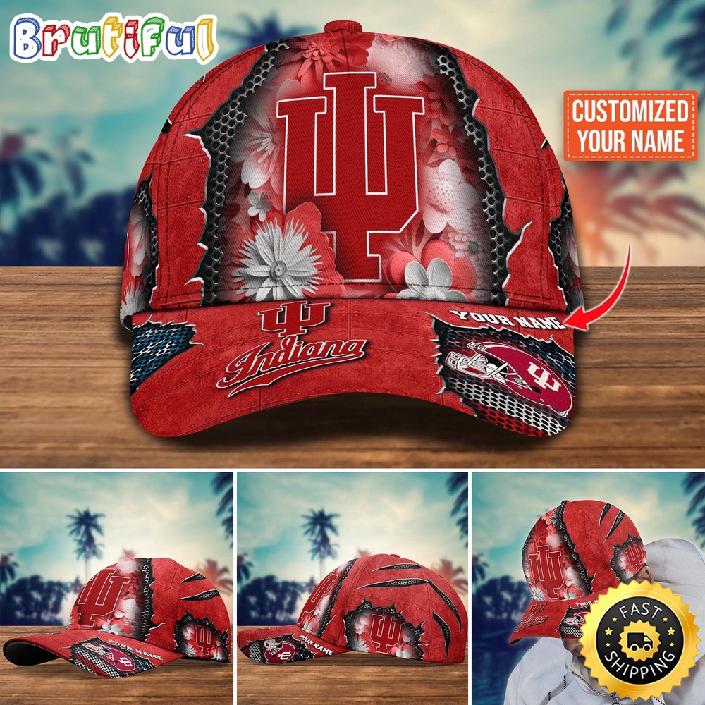 NCAA Indiana Hoosiers Baseball Cap Flag Flower Custom Name Cap NCAA Indiana Hoosiers Baseball Cap Flag Flower Custom Name Cap