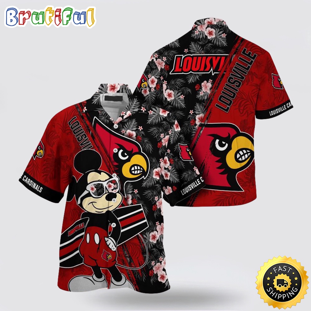 NCAA Louisville Cardinals Hawaiian Shirt Mickey And Floral Pattern NCAA Louisville Cardinals Hawaiian Shirt Mickey And Floral Pattern