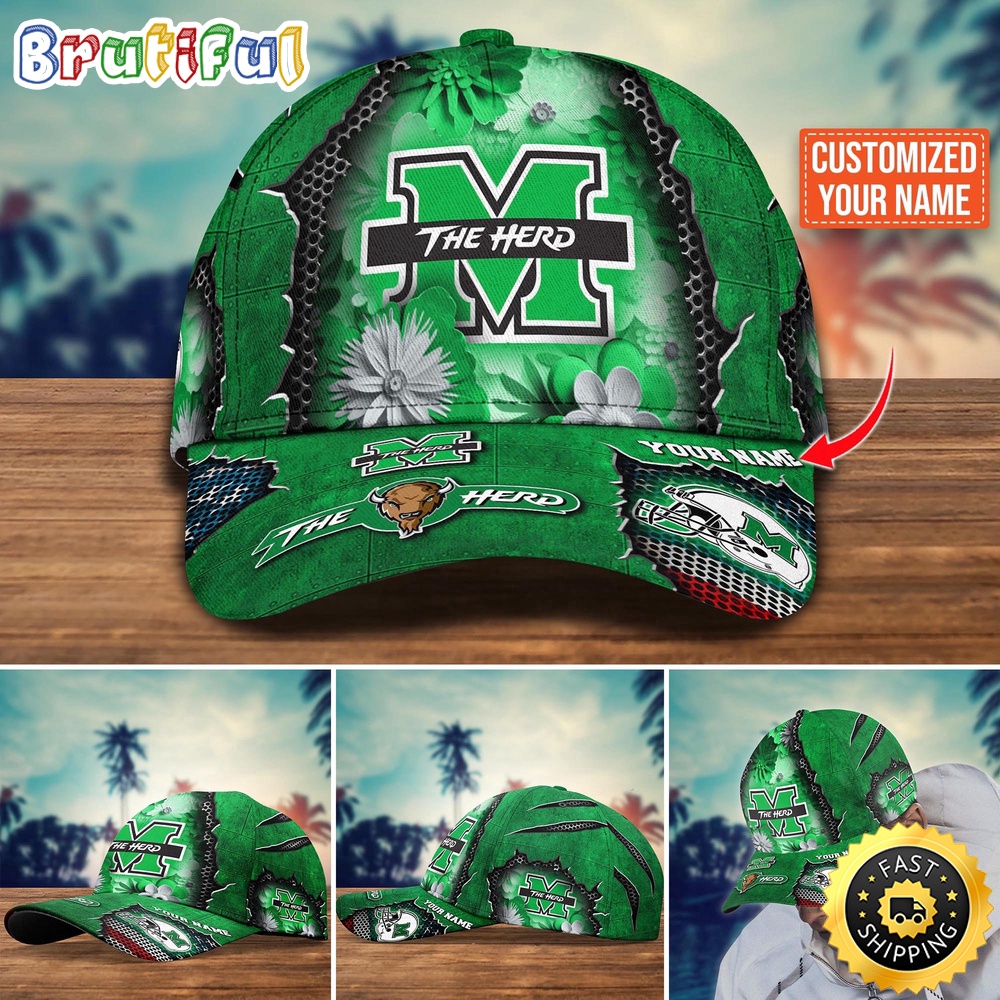 NCAA Marshall Thundering Herd Baseball Cap Flag Flower Custom Name Cap NCAA Marshall Thundering Herd Baseball Cap Flag Flower Custom Name Cap