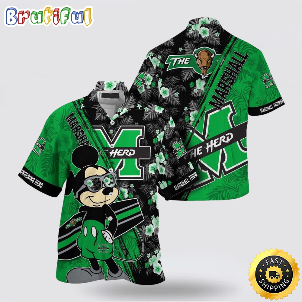 NCAA Marshall Thundering Herd Hawaiian Shirt Mickey And Floral Pattern NCAA Marshall Thundering Herd Hawaiian Shirt Mickey And Floral Pattern