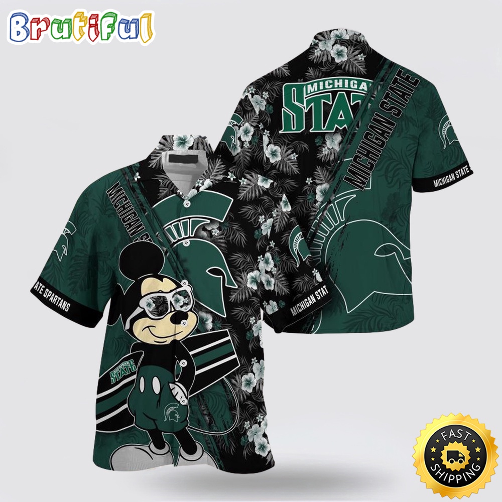 NCAA Michigan State Spartans Hawaiian Shirt Mickey And Floral Pattern NCAA Michigan State Spartans Hawaiian Shirt Mickey And Floral Pattern