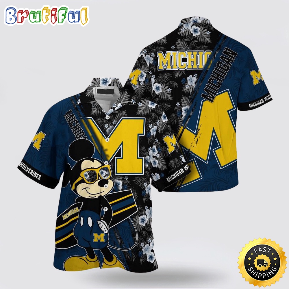 NCAA Michigan Wolverines Hawaiian Shirt Mickey And Floral Pattern NCAA Michigan Wolverines Hawaiian Shirt Mickey And Floral Pattern