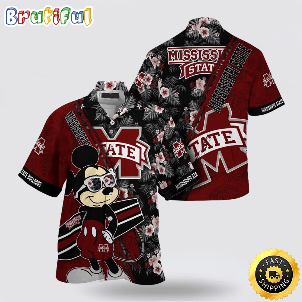 NCAA Mississippi State Bulldogs Hawaiian Shirt Mickey And Floral Pattern NCAA Mississippi State Bulldogs Hawaiian Shirt Mickey And Floral Pattern