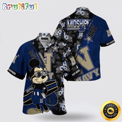 NCAA Navy Midshipmen Hawaiian Shirt Mickey And Floral Pattern