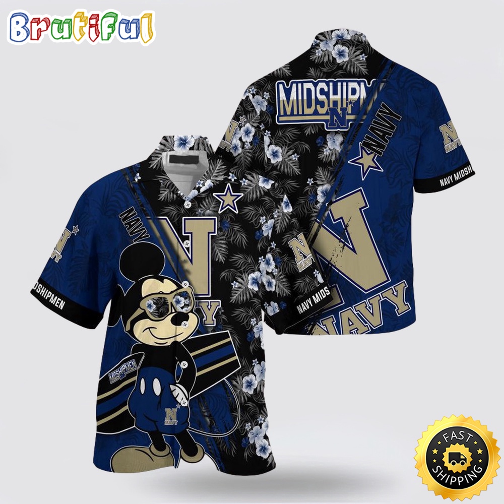 NCAA Navy Midshipmen Hawaiian Shirt Mickey And Floral Pattern NCAA Navy Midshipmen Hawaiian Shirt Mickey And Floral Pattern