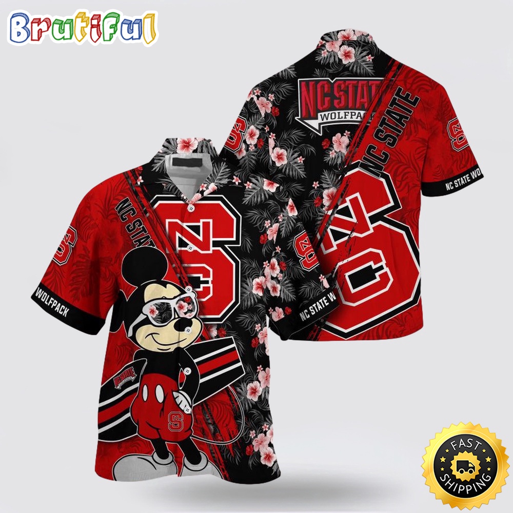 NCAA Nc State Wolfpack Hawaiian Shirt Mickey And Floral Pattern NCAA Nc State Wolfpack Hawaiian Shirt Mickey And Floral Pattern