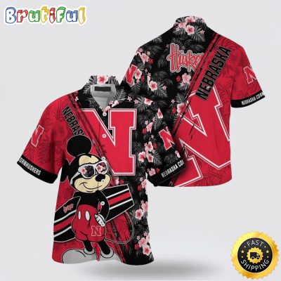 NCAA Nebraska Cornhuskers Hawaiian Shirt Mickey And Floral Pattern