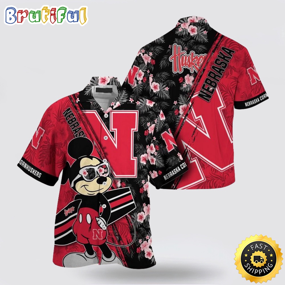 NCAA Nebraska Cornhuskers Hawaiian Shirt Mickey And Floral Pattern NCAA Nebraska Cornhuskers Hawaiian Shirt Mickey And Floral Pattern