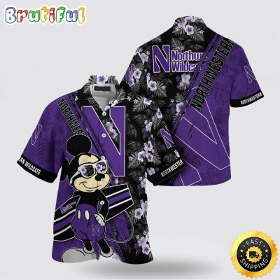 NCAA Northwestern Wildcats Hawaiian Shirt Mickey And Floral Pattern