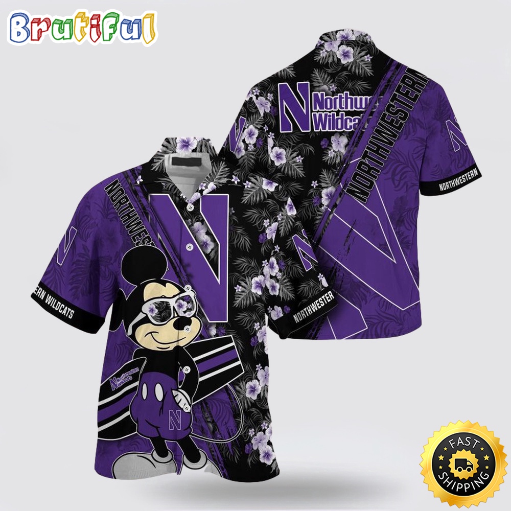NCAA Northwestern Wildcats Hawaiian Shirt Mickey And Floral Pattern NCAA Northwestern Wildcats Hawaiian Shirt Mickey And Floral Pattern
