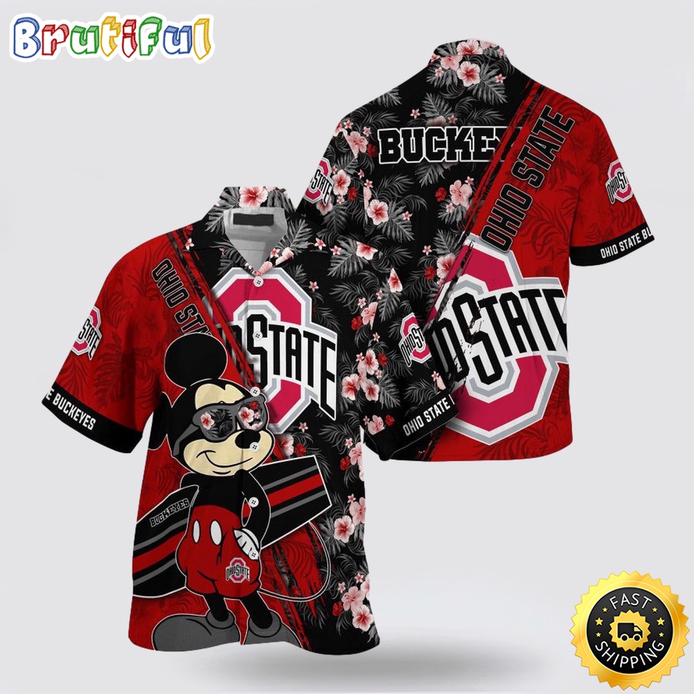 NCAA Ohio State Buckeyes Hawaiian Shirt Mickey And Floral Pattern NCAA Ohio State Buckeyes Hawaiian Shirt Mickey And Floral Pattern